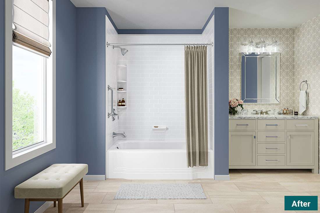 After: modern bathroom remodel with new fixtures