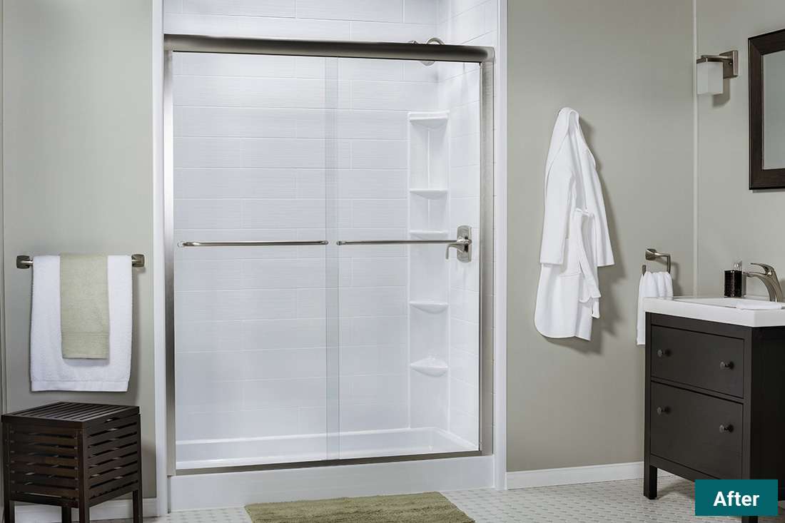 After: clean white walk-in shower conversion