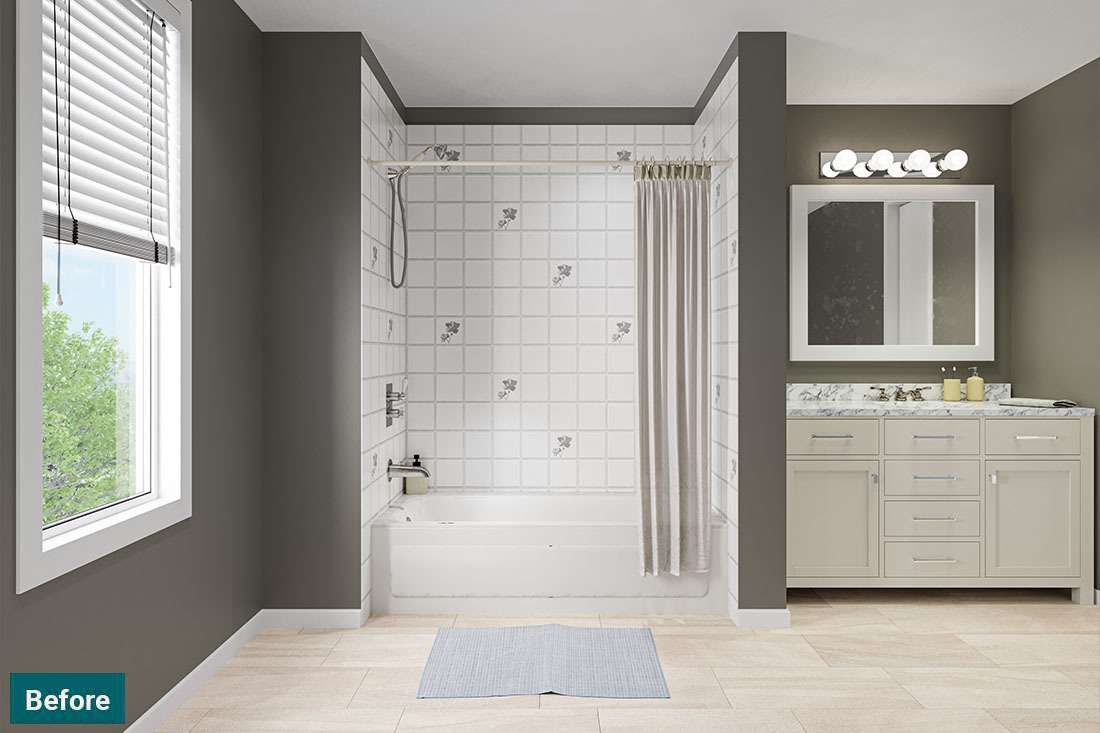 Before: outdated bathroom with old tile and tub