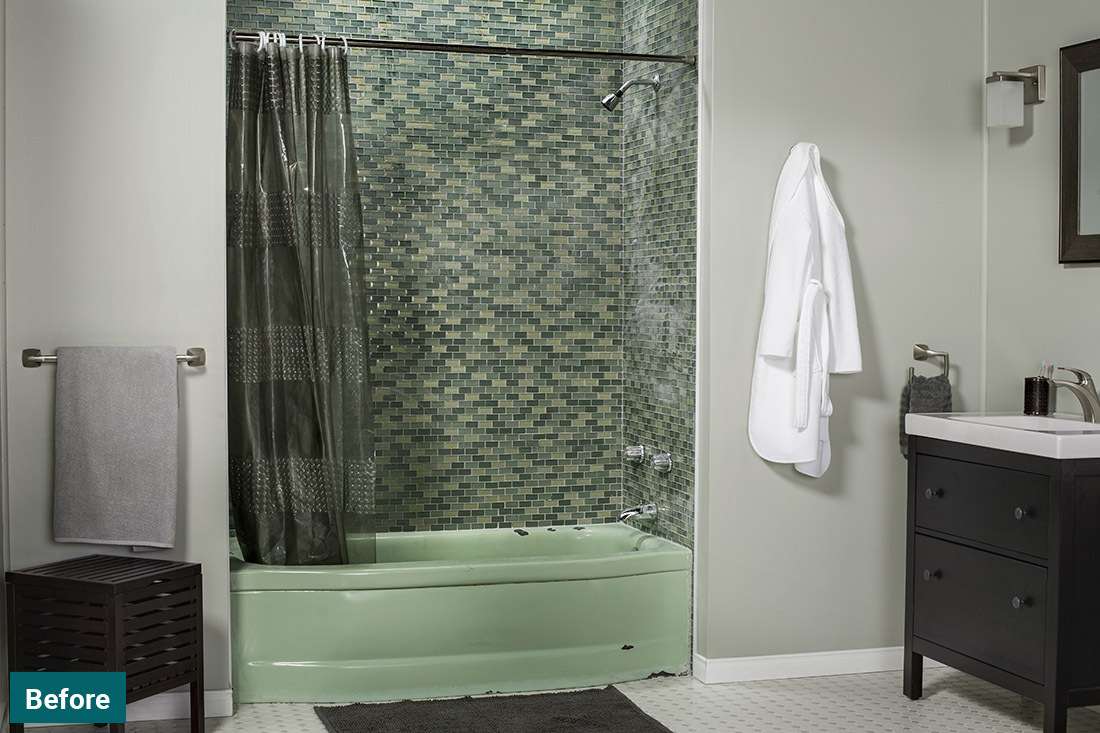 Before: old green bathtub with worn tile